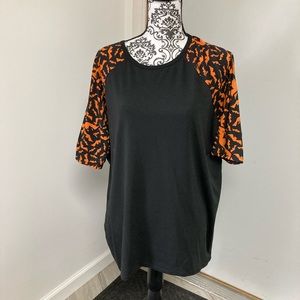 LulaRoe Irma, size XS, black body with orange bats.  Halloween.